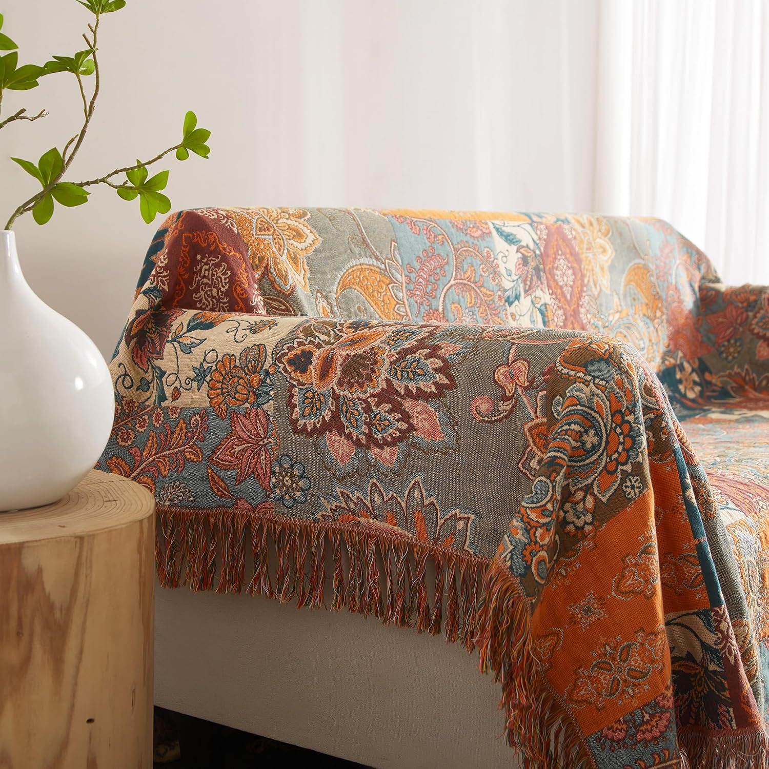 Boho Throw Blanket for Bed 80”x90”, 100% Cotton Woven Blanket for Couch Sofa, Ultra Soft 4-Layer