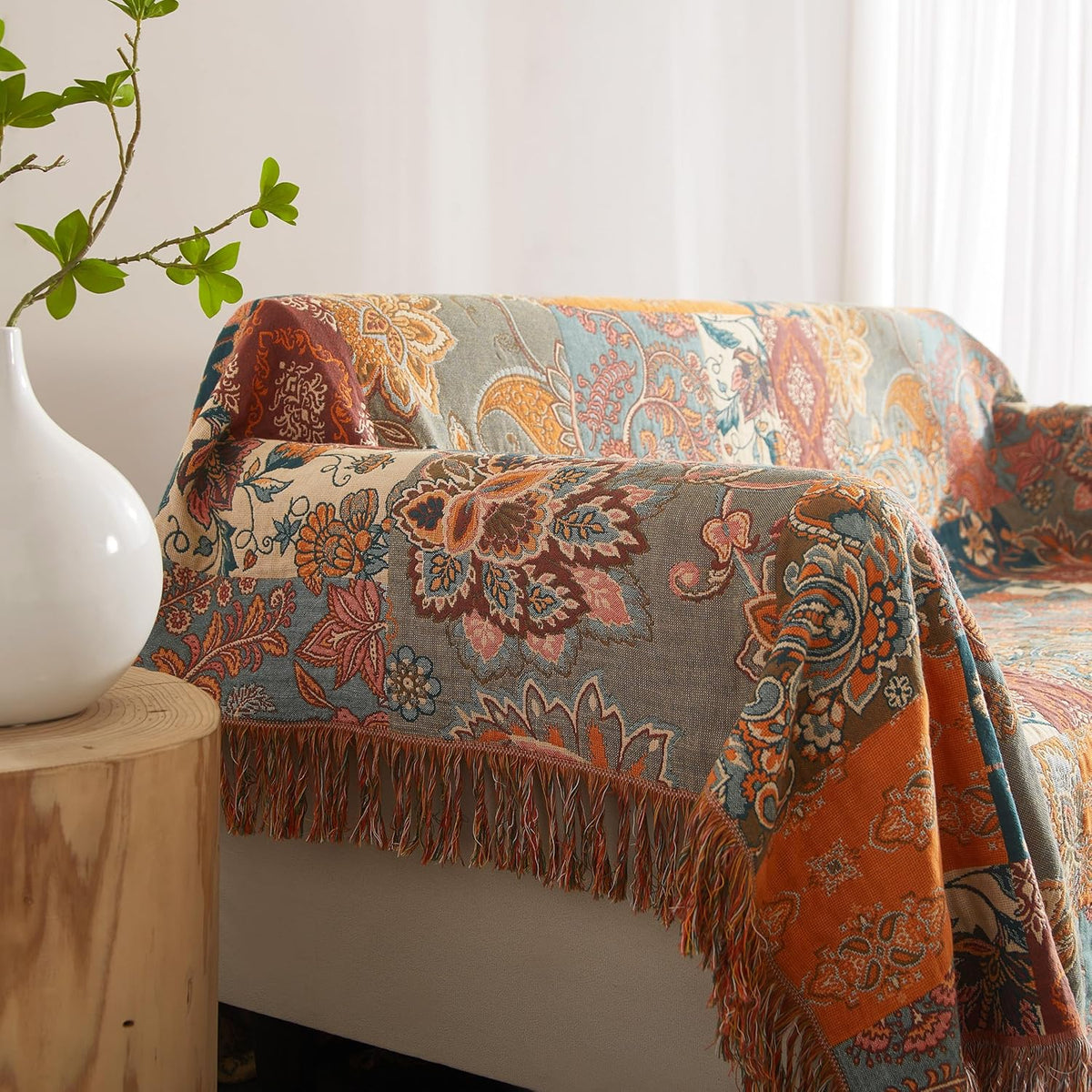 Boho Throw Blanket for Bed 60”x80”, 100% Cotton Woven Blanket for Couch Sofa, Ultra Soft 4-Layer