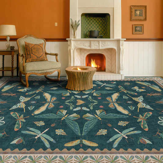 Oriental Blue and Green Area Rugs for Living Room 6x9 - Insect & Butterfly Dining Table Rug