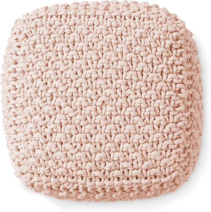 Casafield Square Pouf Ottoman, Light Pink 18.5" W x 18.5" D x 14.5" H Cotton Knit Foot Stool - Boho