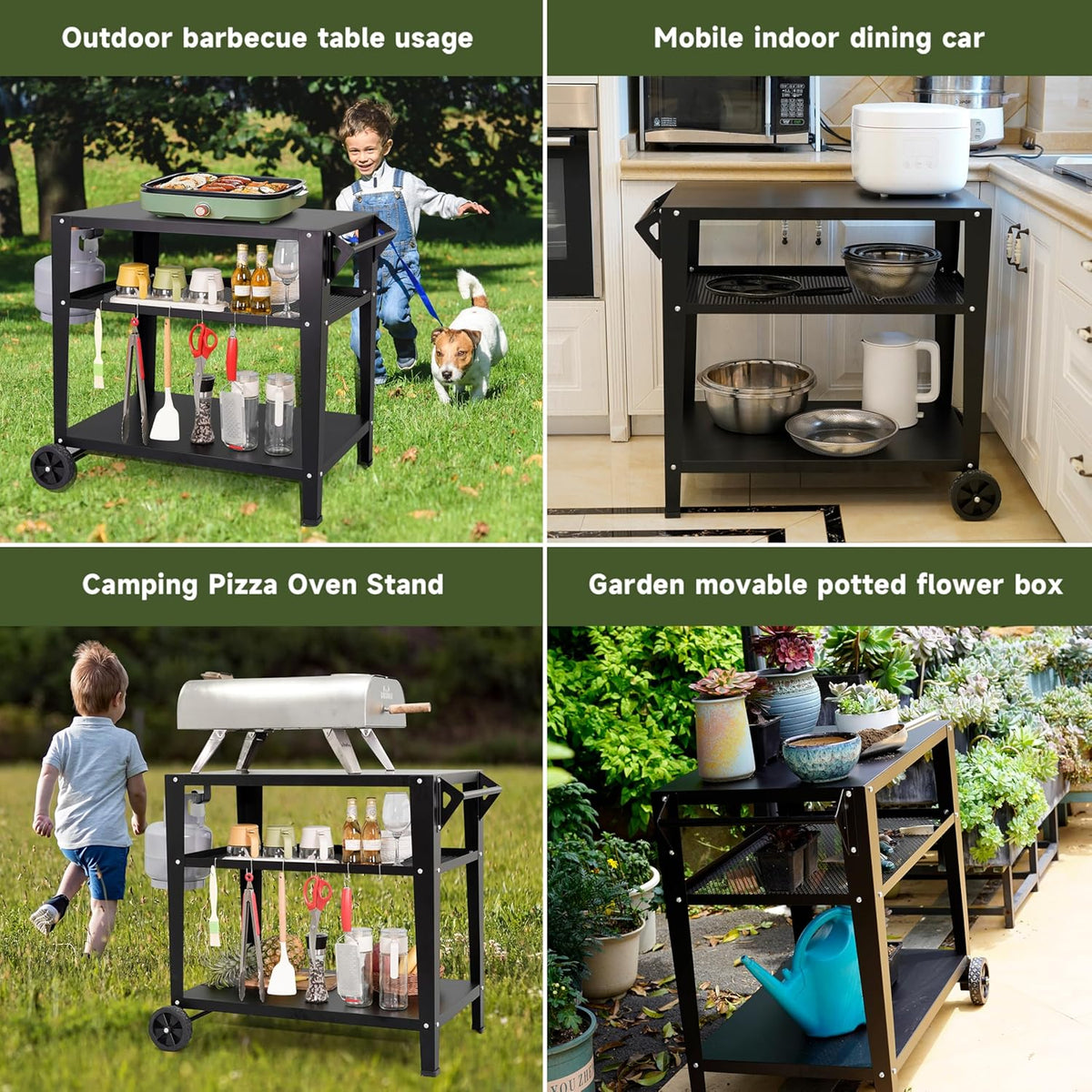 Black Outdoor Grill Cart with Wheels, Heavy-Duty 3-Tier BBQ Prep Table for Pizza Oven, Griddle