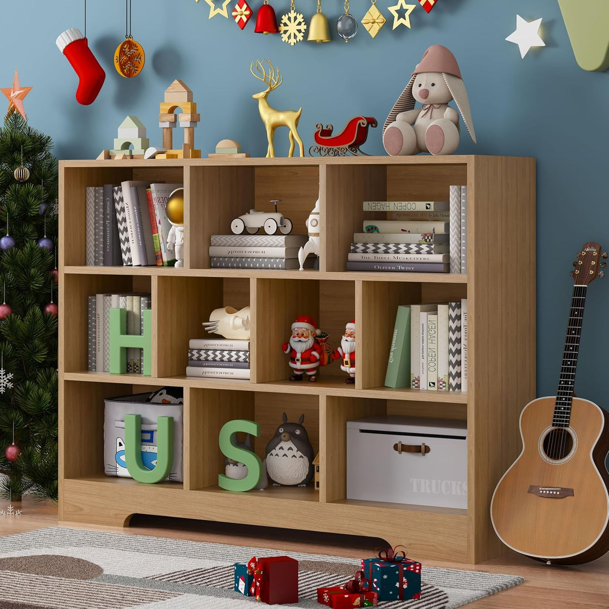 Book Shelf, 10 Cubes Storage Organizer, 3-Tier Open Shelf Wooden Bookcase, Freestanding Log