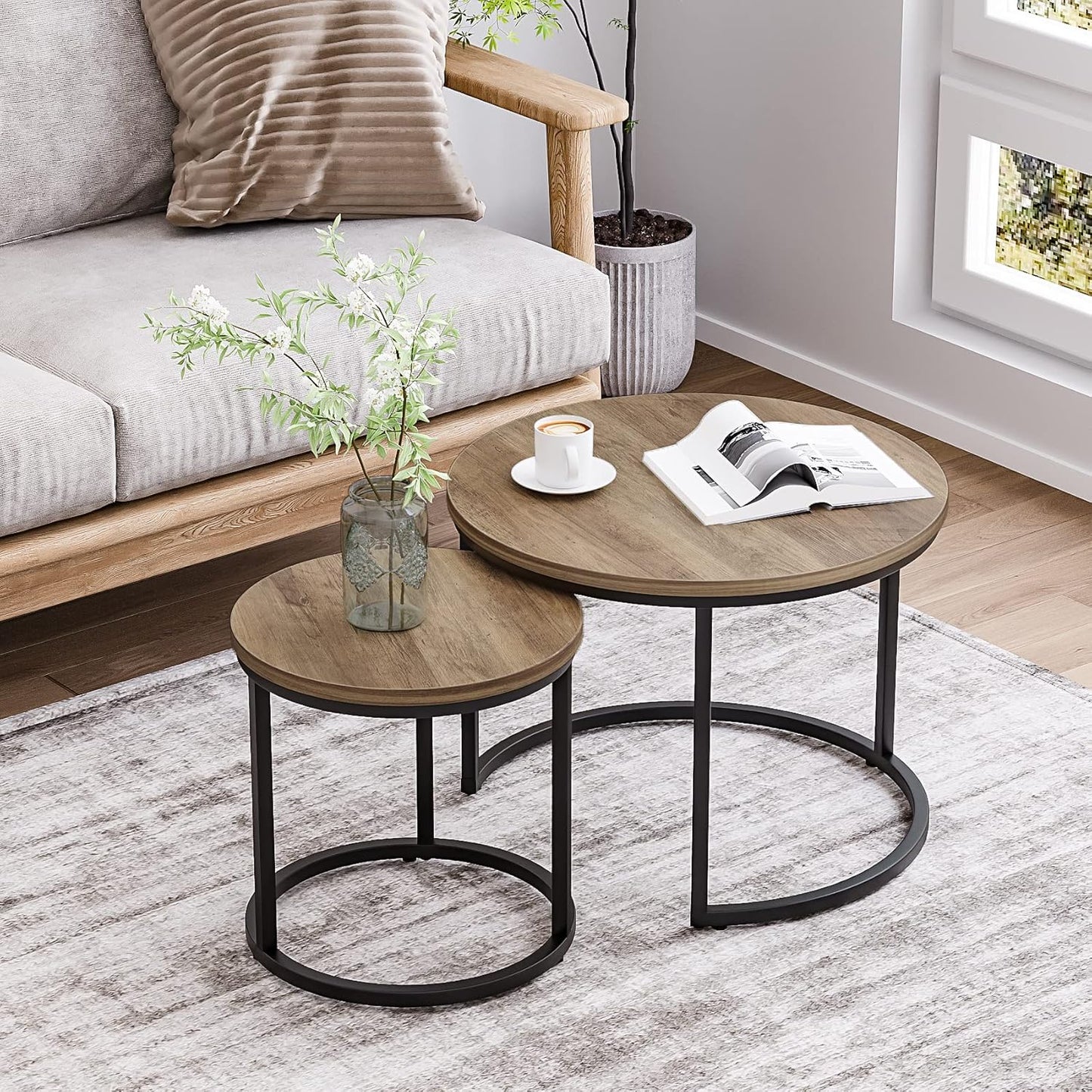 Smuxee Nesting Coffee Table Set of 2, 23.6" Round Coffee Table Wood Grain Top with Adjustable