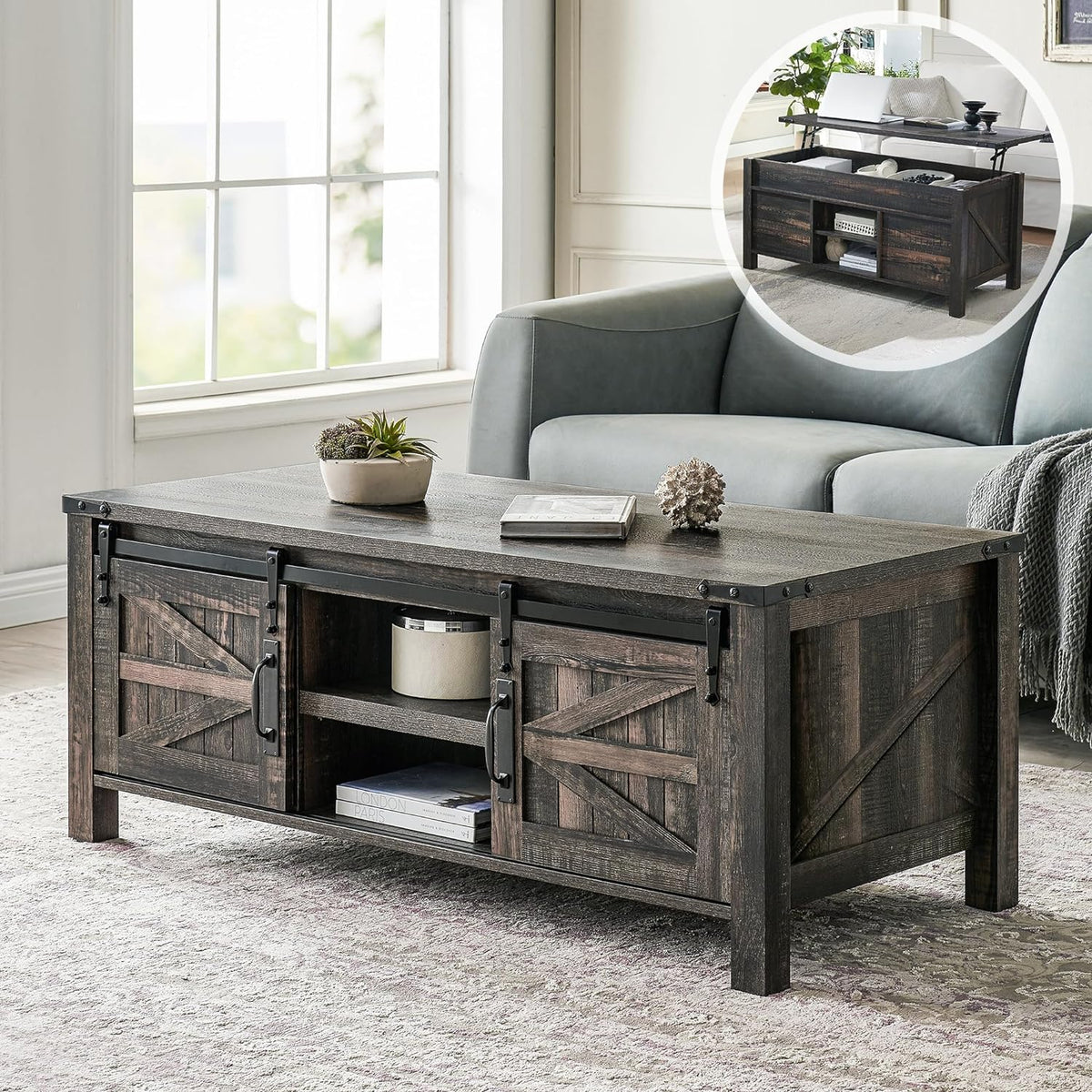 OKD 48" Farmhouse Lift Top Coffee Table with Sliding Barn Door,Rustic Center Table with Hidden