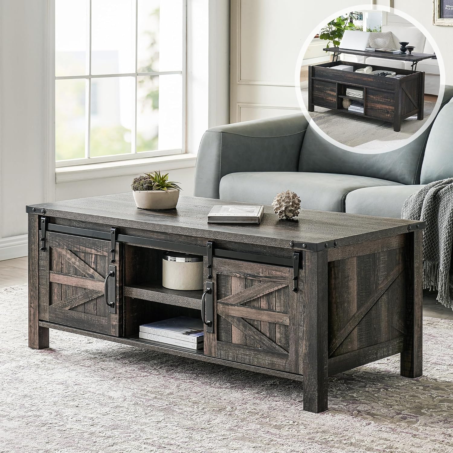 OKD 48" Farmhouse Lift Top Coffee Table with Sliding Barn Door,Rustic Center Table with Hidden