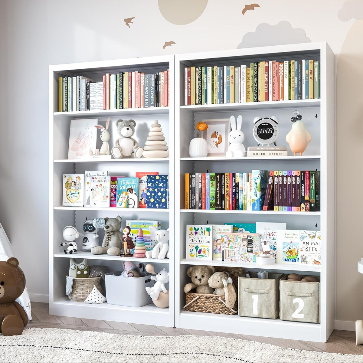White Bookshelf, 55” Adjustable Tall Metal Bookshelf, 5-Tier Wide Bookshelf with Anti-Tilt Device