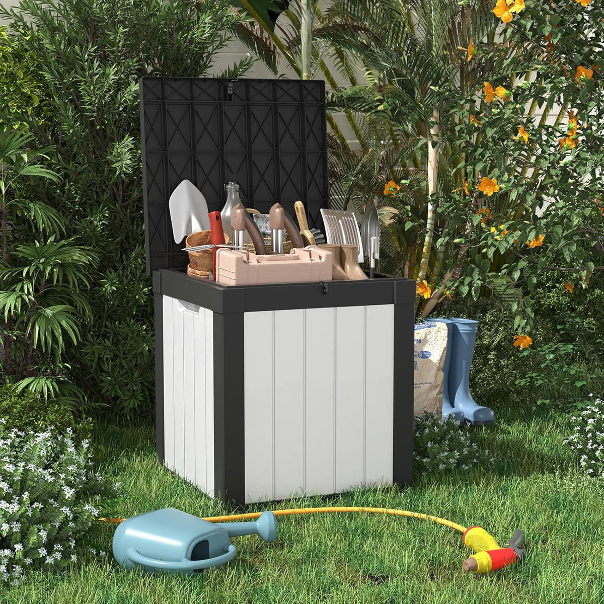 40 Gallon Resin Deck Box, Lockable Patio Outdoor Storage Box for Furniture, Garden Tools and Tools