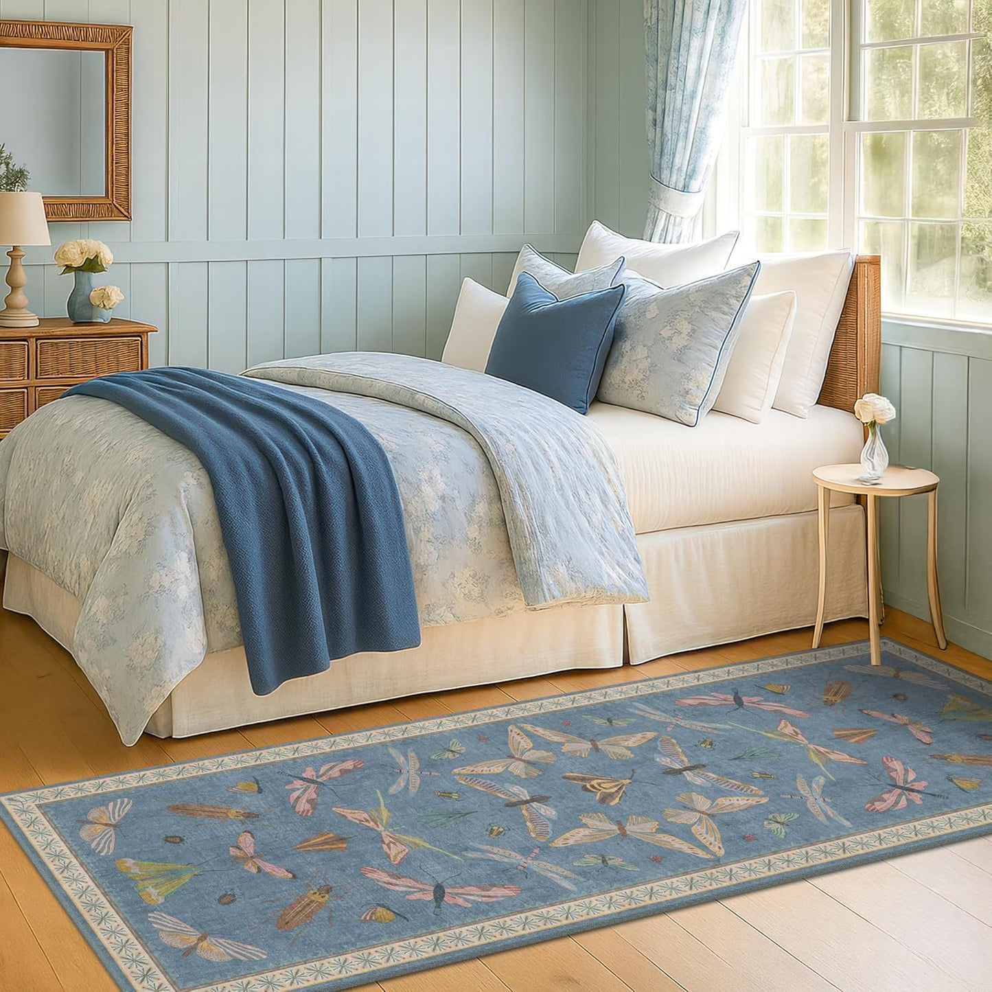 Boho Non Slip Kitchen Rug Runner - 2x6 Blue Washable Rug for Bathroom, Laundry Room, Hallway, Non