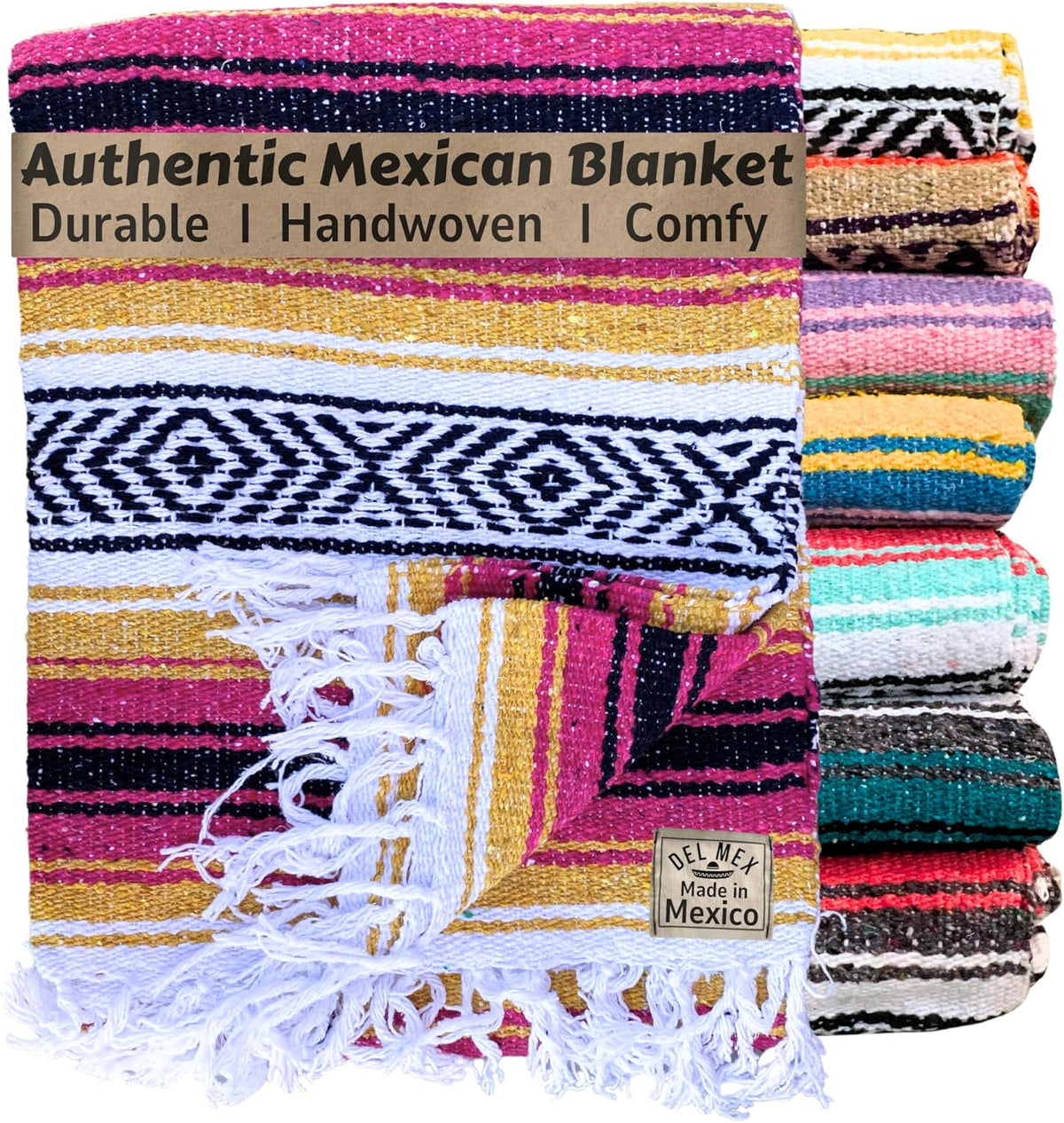 Del Mex Classic Mexican Blanket, Large Authentic Woven Falsa Throw (70"x50"), Artisan Southwest