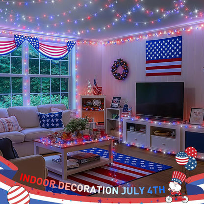 JMEXSUSS 4th of July Decorations Red White and Blue Lights, 33ft 100 LED String Light Indoor