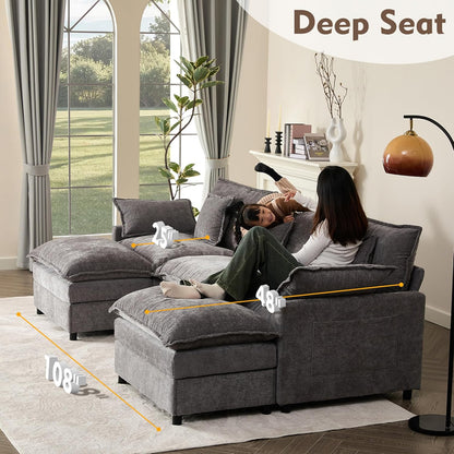 108" U Shaped Couch, Modular Sectional Sofa, 3-Seater Comfy Cloud Couch with Movable Ottoman, Deep