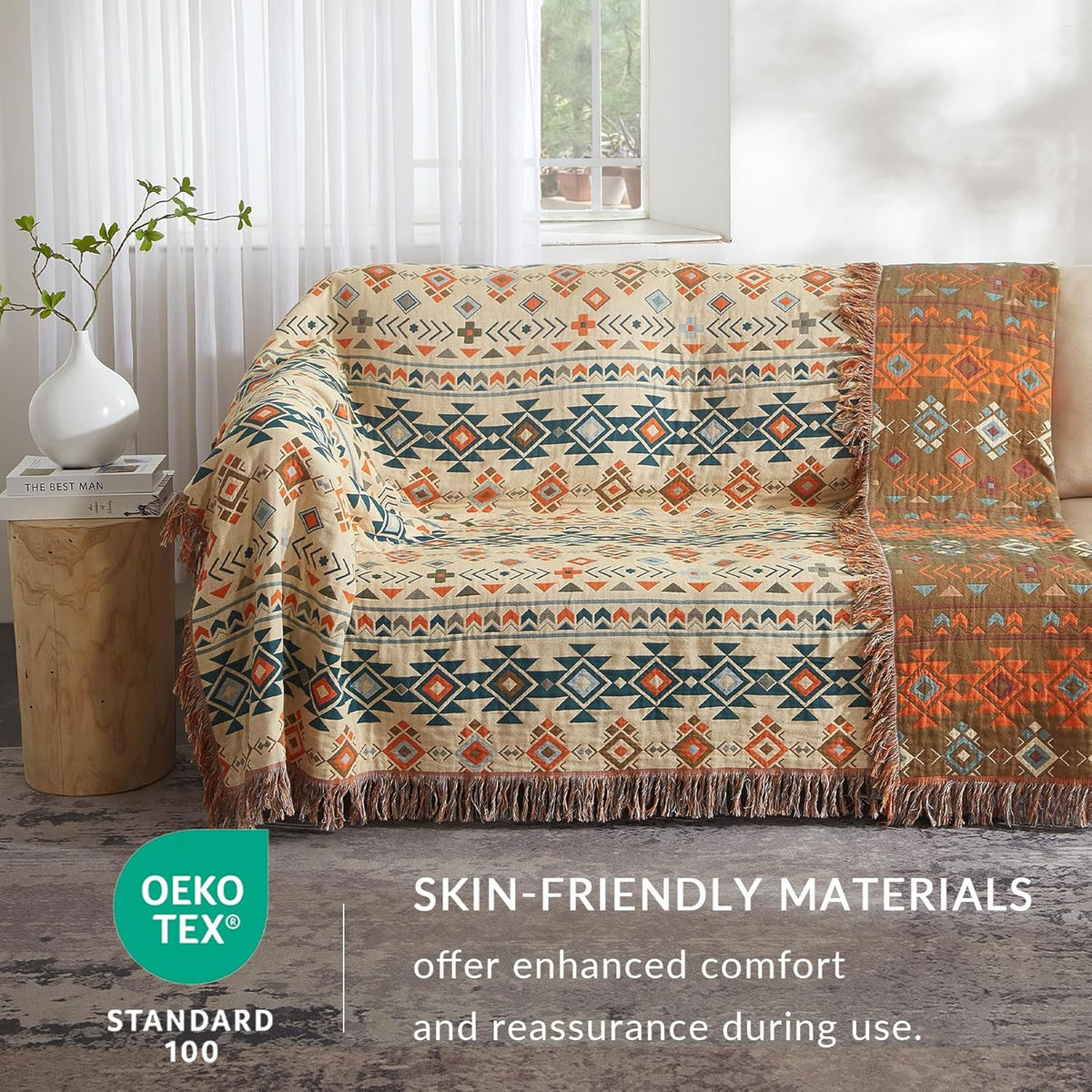 Boho Throw Blanket for Couch Sofa Bed, 100% Cotton Woven Quilt with Tassel 80”x90”, Super Soft