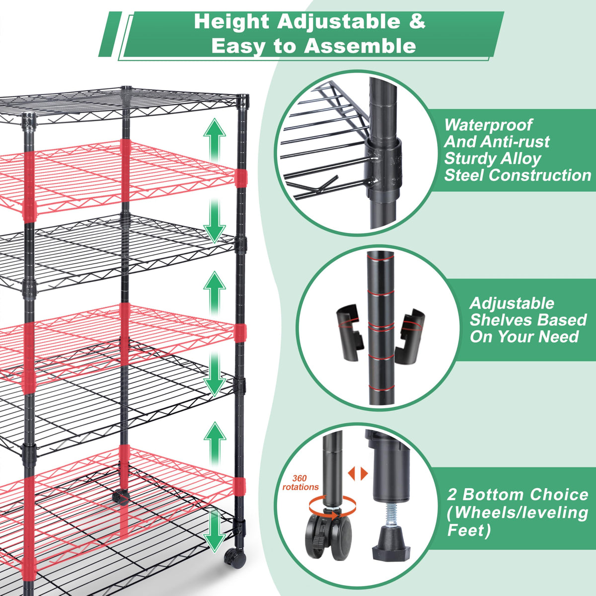 Whitmor 4 Tier Shelving Unit, Adjustable Storage Shelves with Wheels, Wire Shelving, 400 lbs