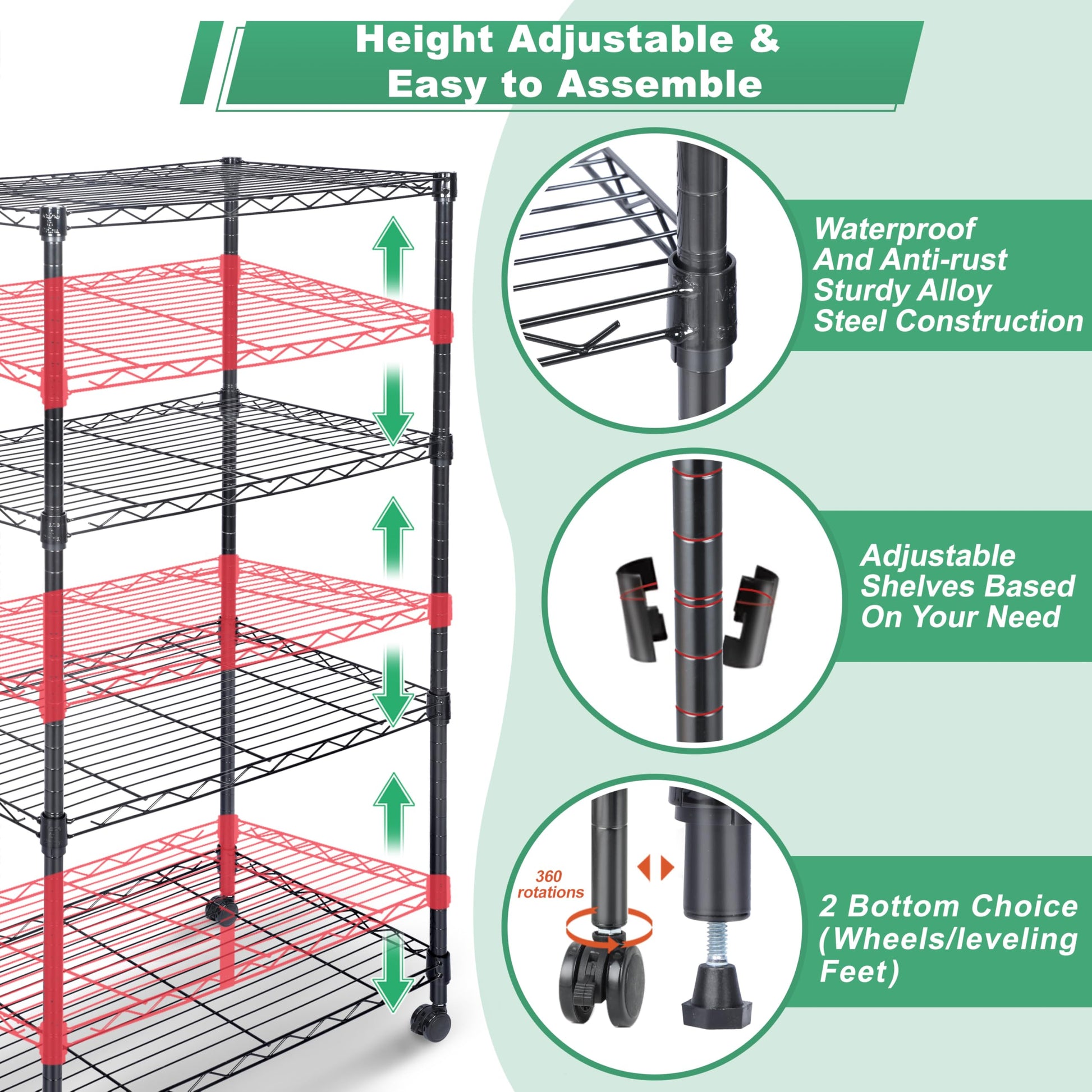 Whitmor 4 Tier Shelving Unit, Adjustable Storage Shelves with Wheels, Wire Shelving, 400 lbs