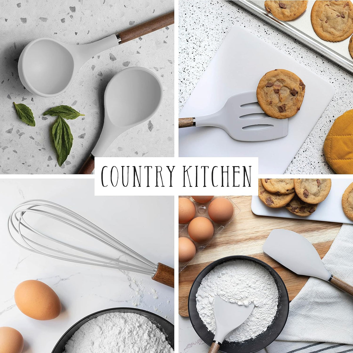Country Kitchen Non Stick Silicone Utensil Set with Rounded Wood Handles for Cooking and Baking, 8