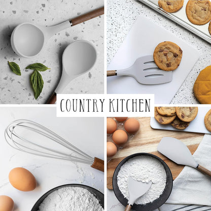 Country Kitchen Non Stick Silicone Utensil Set with Rounded Wood Handles for Cooking and Baking, 8