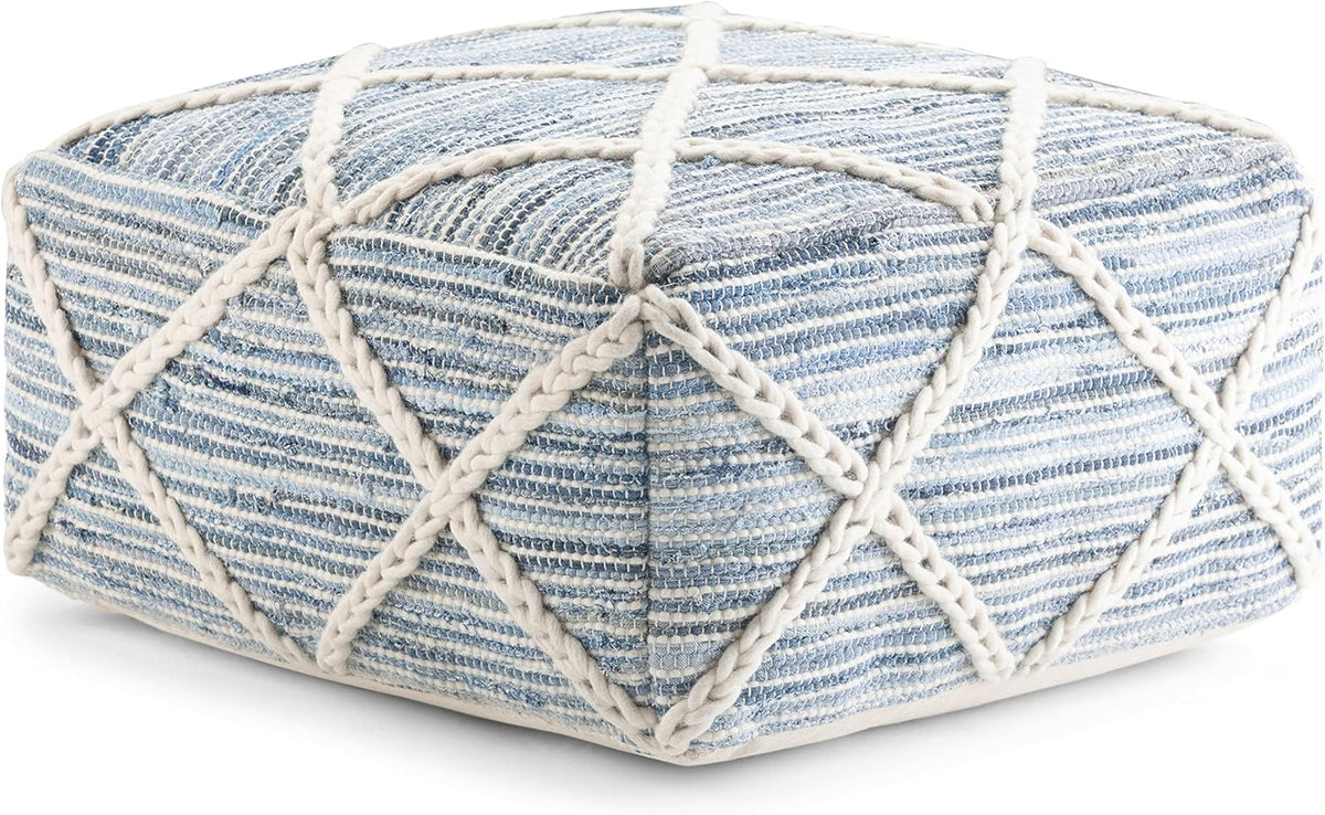 SIMPLIHOME Cowan Boho Square Pouf in Blue, Natural Handloom Woven for the Living Room, Bedroom and