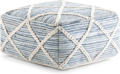 SIMPLIHOME Cowan Boho Square Pouf in Blue, Natural Handloom Woven for the Living Room, Bedroom and