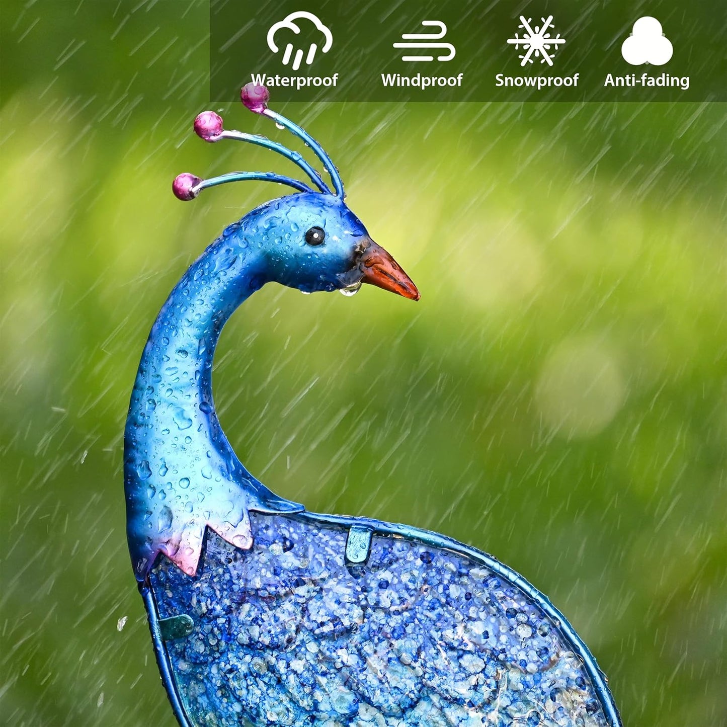 TERESA'S Collections Garden Decor Blue Peacock with Solar Outdoor Lights, 40" Glass Yard Art for