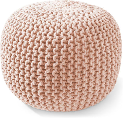 Casafield Round Pouf Ottoman, Light Pink - 20" Diameter x 14.5" High Cotton Knit Foot Stool - Boho