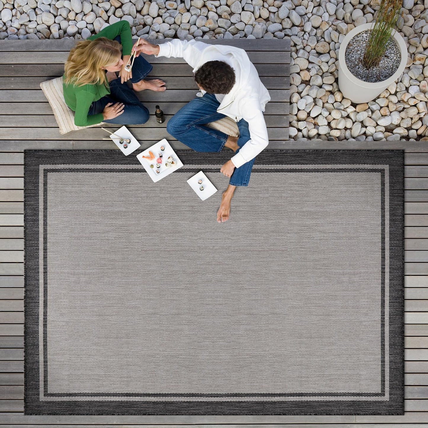 CAMILSON Indoor Outdoor Rug, 5x7 Bordered Gray Modern Area Rugs for Indoor and Outdoor Patios