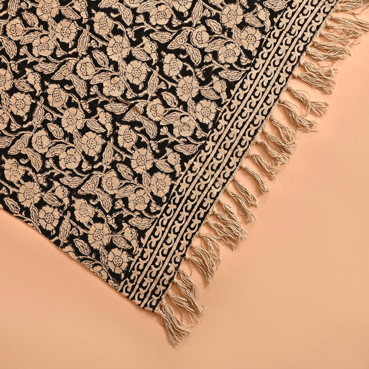 Handmade Cotton Throw Blanket, Floral Block Print, Black and Beige Wrap, 47x71 inches Decorative