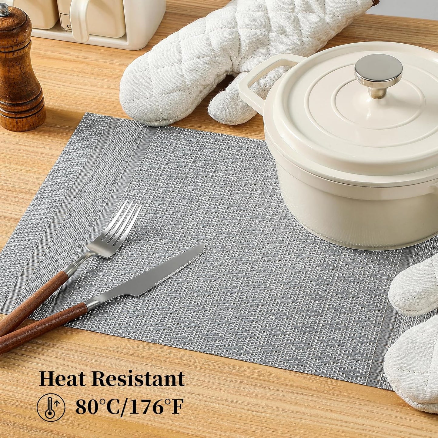 Leetaltree Lunar Grey Placemats Set of 12 - Heat Resistant Non-Slip Place mats for Dining Table