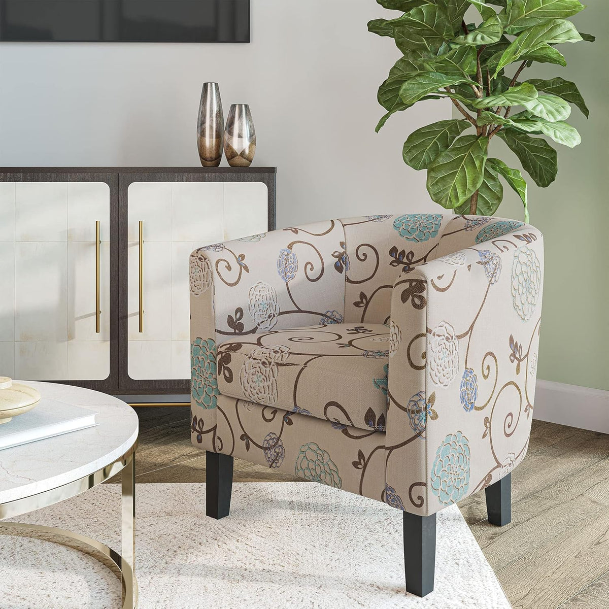 BELLEZE Living Room Chairs Set of 2, Linen Round Accent Barrel Chairs, Club Tub Sofa Chairs for