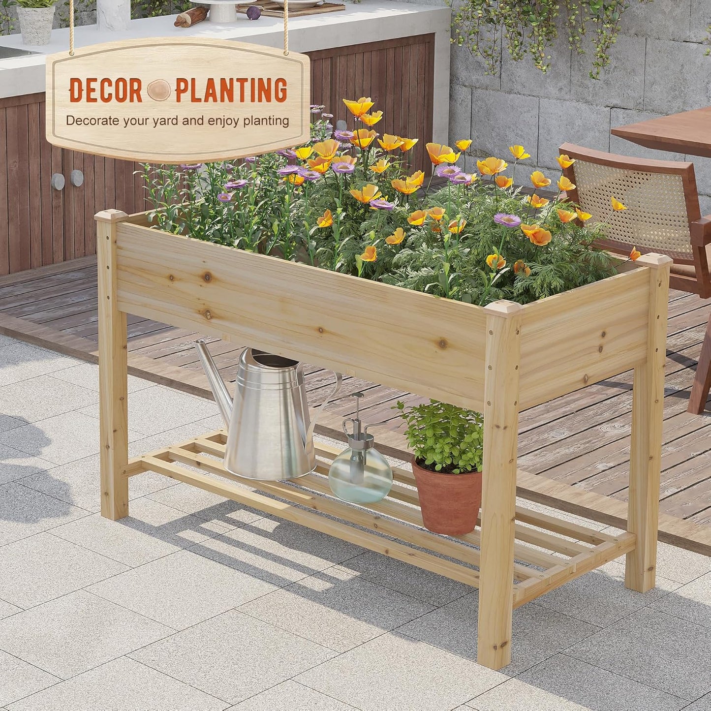 GHWIE Raised Garden Bed with Shelf,Elevated Wooden Planter Box with Legs,Garden Planter for