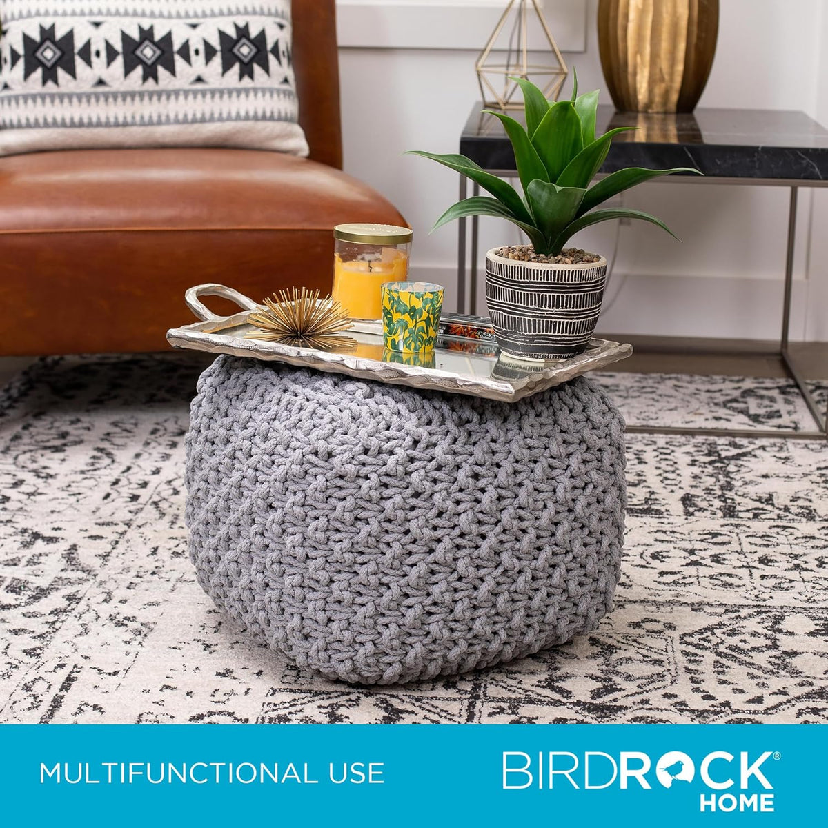 BIRDROCK HOME Square Pouf Ottoman | Cotton Braided Foot Stool with Bean Bag Filling | Boho Foot