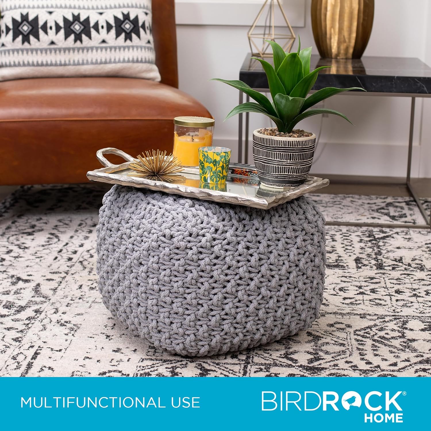 BIRDROCK HOME Square Pouf Ottoman | Cotton Braided Foot Stool with Bean Bag Filling | Boho Foot