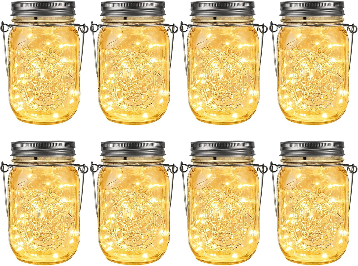 GIGALUMI Solar Mason Jar Lights, 8 Pack 30 Led String Fairy Lights Garden Lights Outdoor Waterproof