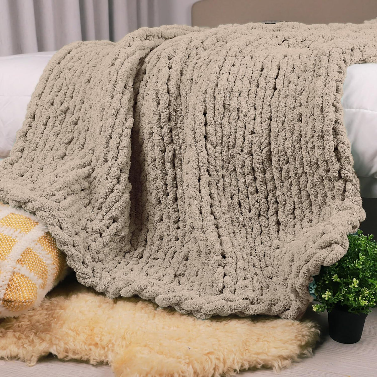 Carriediosa Chunky Knit Throw Blanket 60" X 80" Twin, 100% Hand Made Large Chenille Loop Yarn Soft