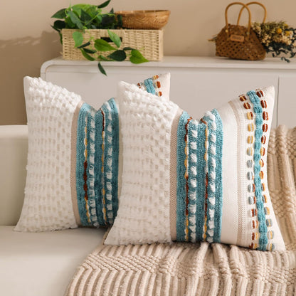 Boho Chenille Tufted Couch Throw Pillow Covers 18x18 Inch Set of 2 Farmhouse Striped Decorative