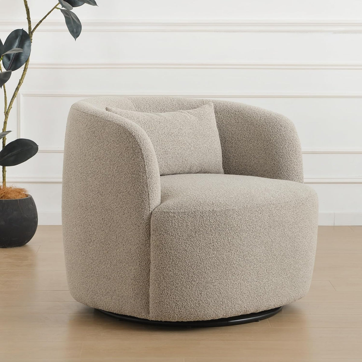 KINWELL 34" Wide Sherpa Swivel Barrel Chair, No Assembly Round Boucle Upholstered Accent Chair