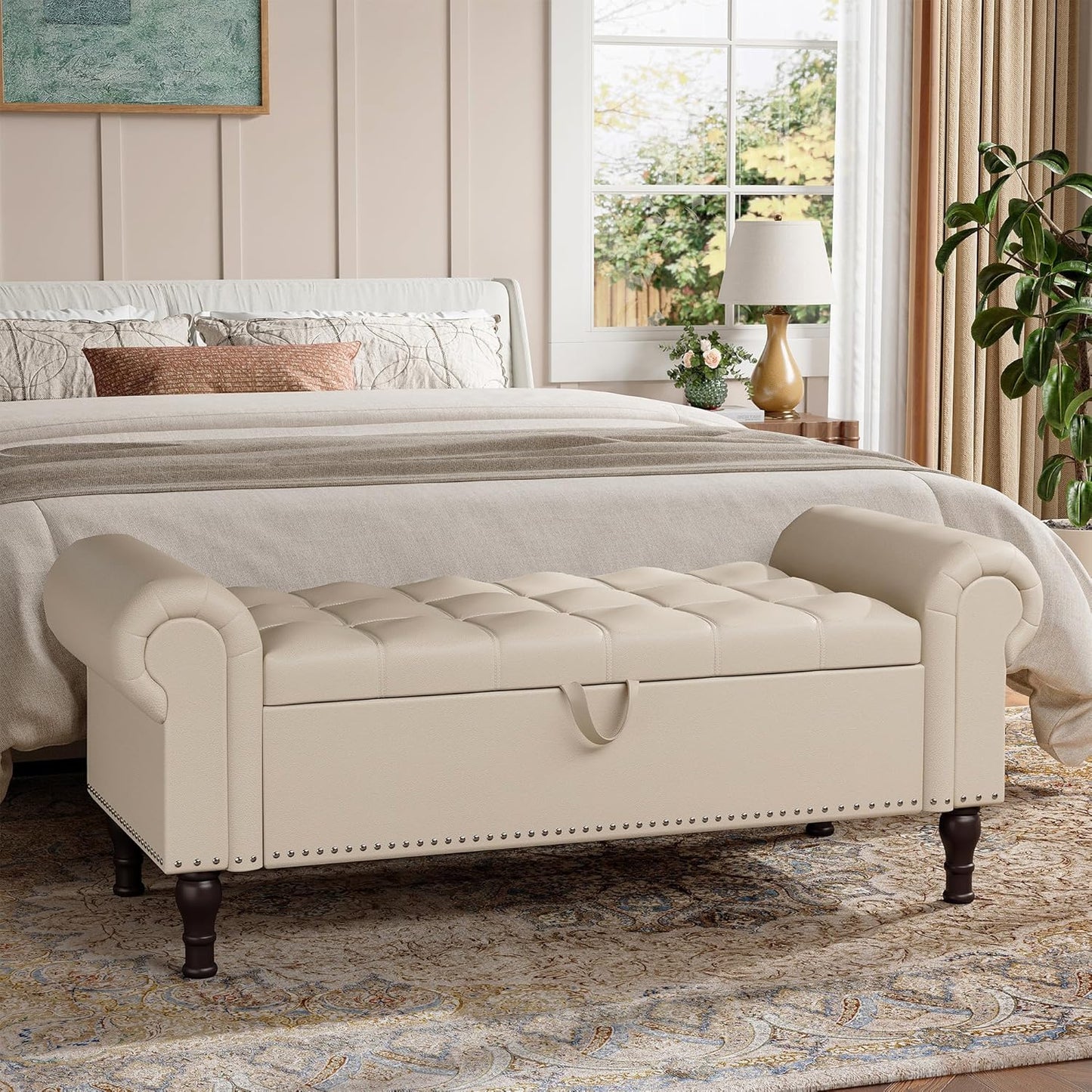 51" Storage Ottoman Bench for Bedroom, Full Queen Storage Bench with Button, Upholstered Bedroom
