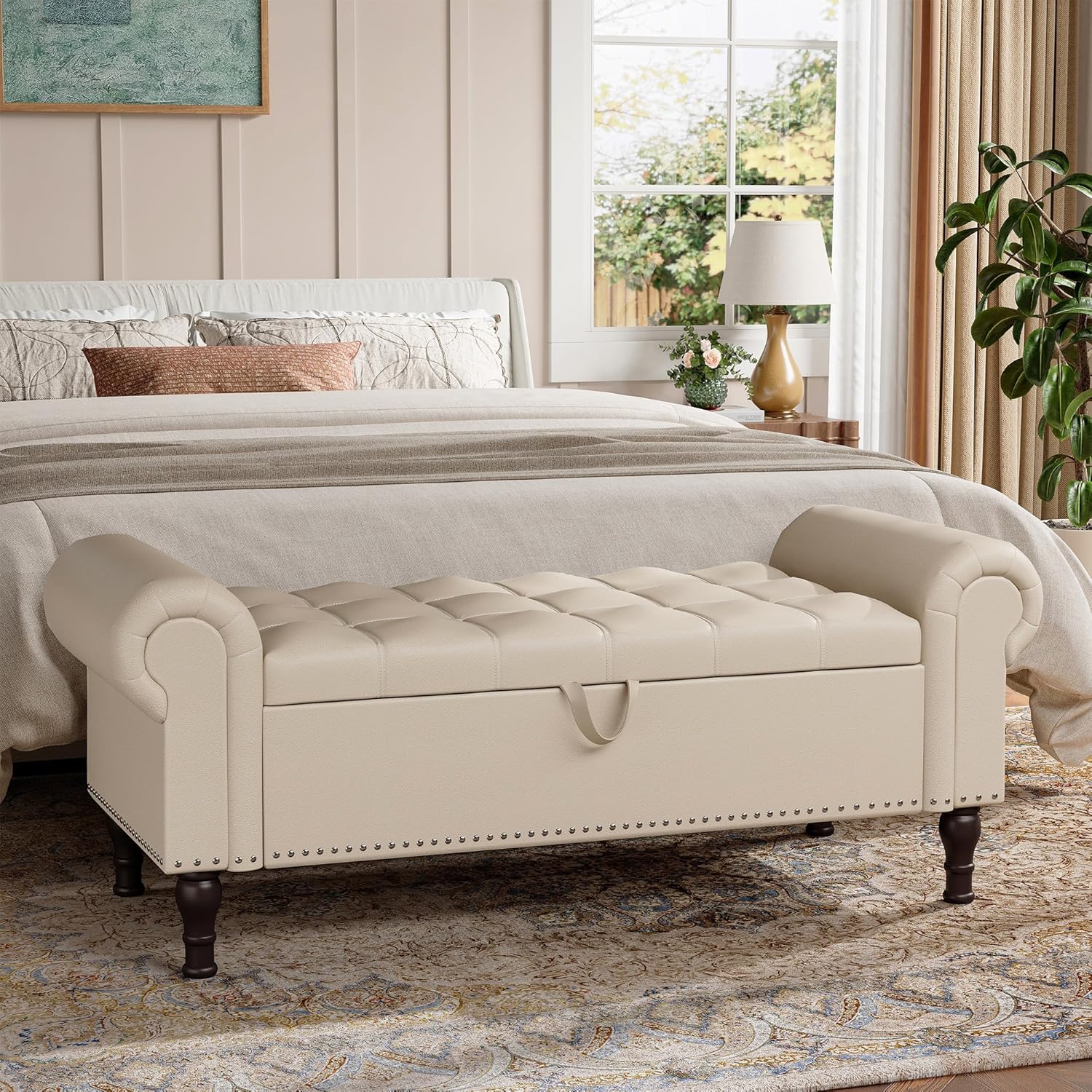 51" Storage Ottoman Bench for Bedroom, Full Queen Storage Bench with Button, Upholstered Bedroom