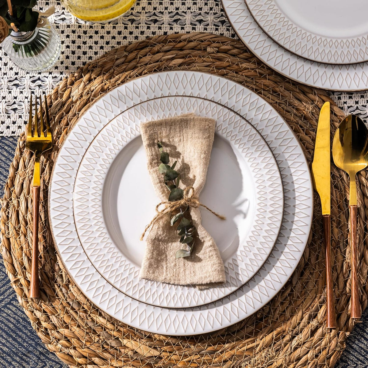 GBHOME Ceramic Dinnerware Sets,12 pcs Embossed Elegant Stoneware Plates and Bowls Sets