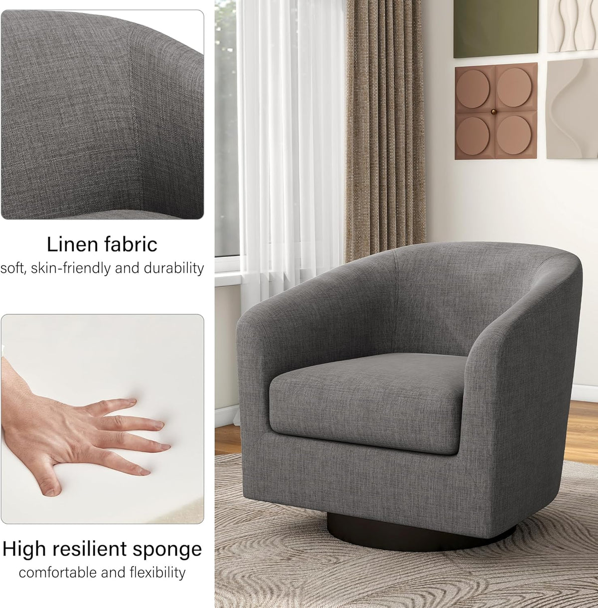Swivel Barrel Accent Chair, Modern Round Linen Arm Chair for Living Room, Bedroom, Comfy Club