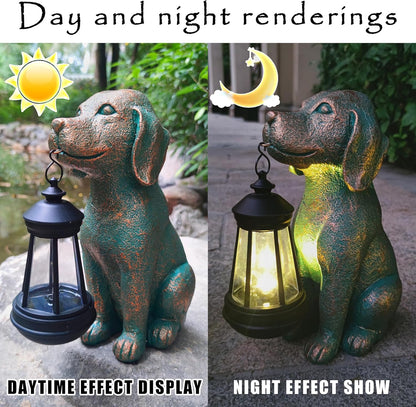 Dog Garden Statue Outdoor Décor with Solar Lights Lantern,Dog Solar Light Figurines Outside
