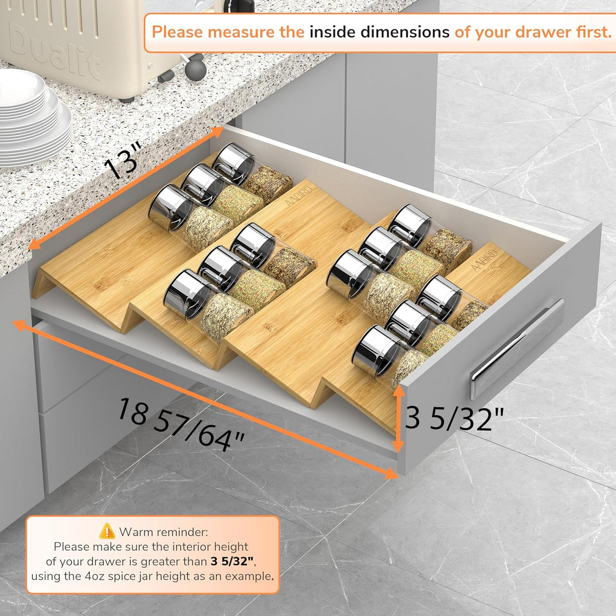 AMBIRD Bamboo Spice Drawer Organizer with Non-slip Mat, 4 Tier Jar Spice Rack Tray 13'',Seasoning