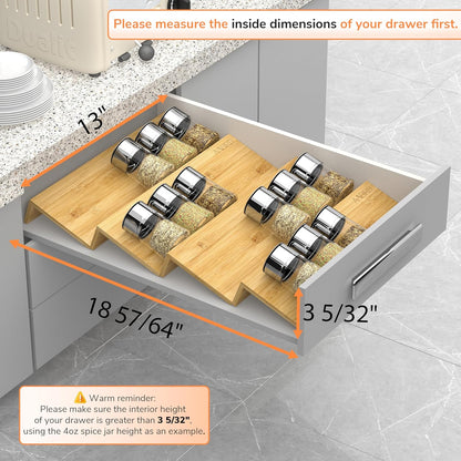 AMBIRD Bamboo Spice Drawer Organizer with Non-slip Mat, 4 Tier Jar Spice Rack Tray 13'',Seasoning