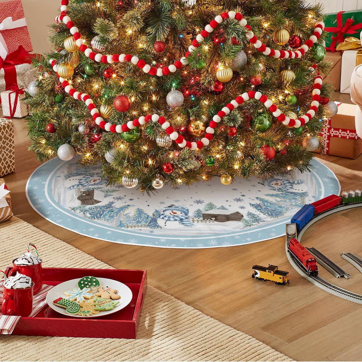AVOIN colorlife Snowflake Snowman Cardinal Christmas Tree Skirt 48 Inch, Winter Holiday Tree Mat