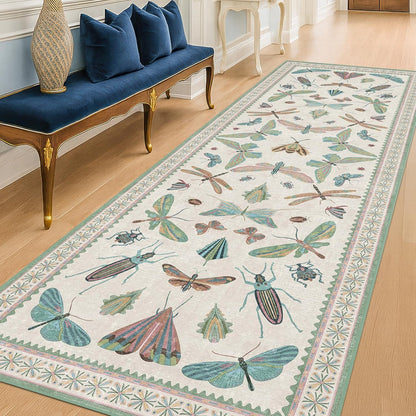 Insect Print Long Hallway Runner Rug - Light Green Rug for Kitchen Floor, Entryway Runner Rug