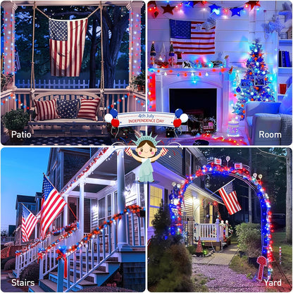 JMEXSUSS Connectable Red White and Blue Lights Indoor Outdoor, 100 LED 33ft 4th of July Decorations
