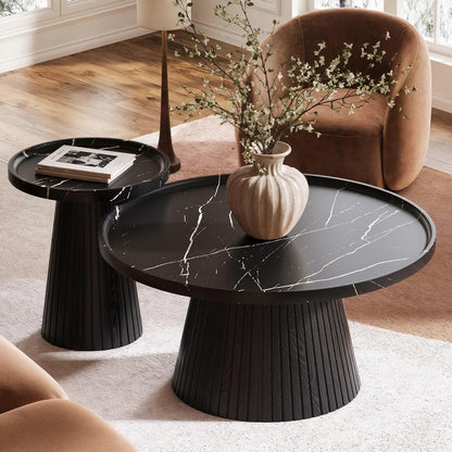 win2win Nesting Coffee Table Set of 2, Modern Coffee Table with Marble Veneer, Fluted Round Tea