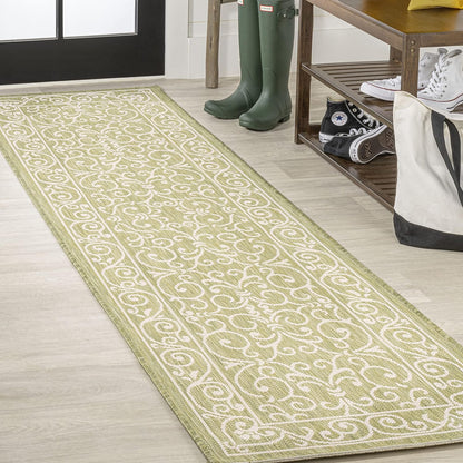 JONATHAN Y Vintage Filigree Indoor Outdoor Runner Rug 2X8 Green/Cream, Charleston Textured Weave