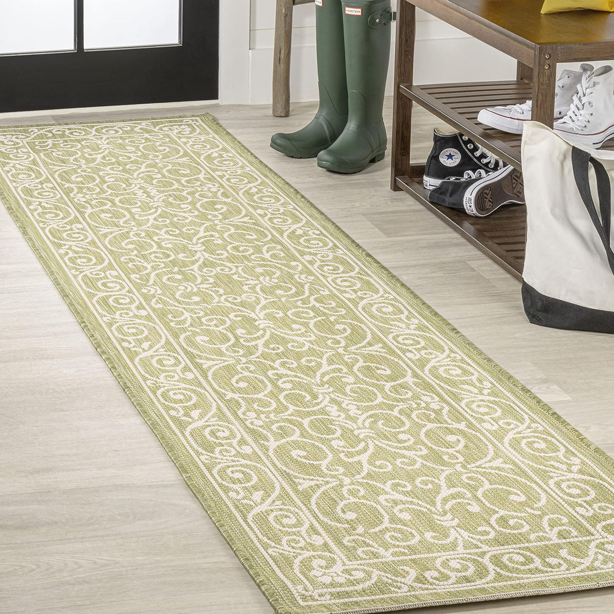 JONATHAN Y Vintage Filigree Indoor Outdoor Runner Rug 2X10 Green/Cream, Charleston Textured Weave