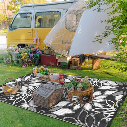 GENIMO Outdoor Rug Waterproof for Patio Decor, 8' x 10' Reversible Plastic Straw Floral Camping