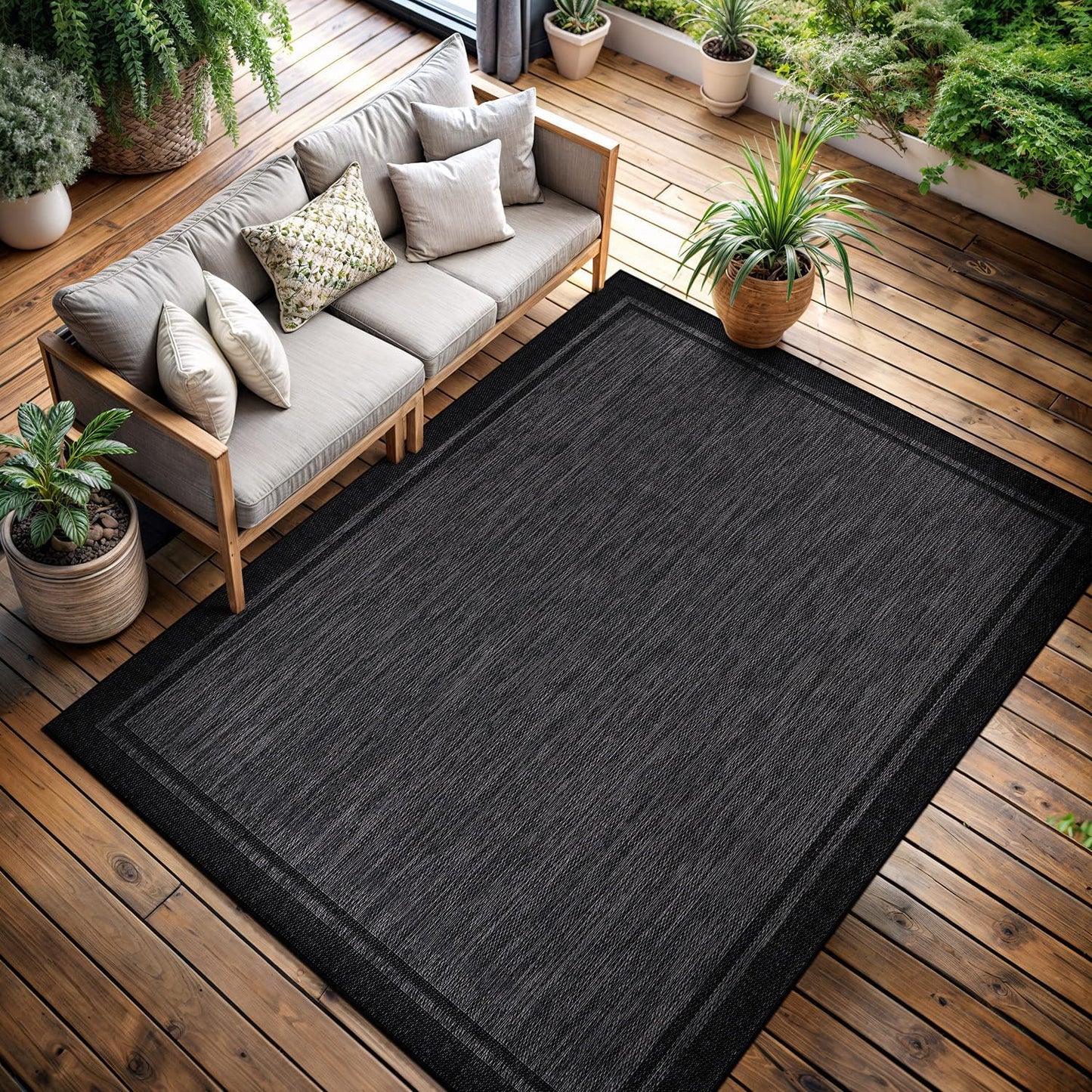 CAMILSON Indoor Outdoor Rug, 6x9 Bordered Dark Grey Black Modern Area Rugs for Indoor and Outdoor